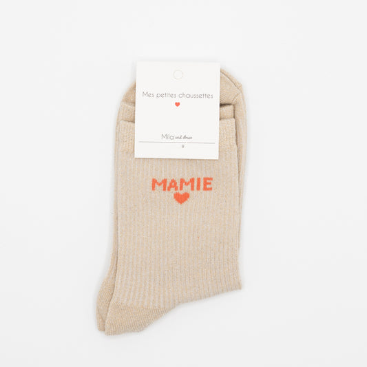 Beige hippe sokken met opschrift MAMIE