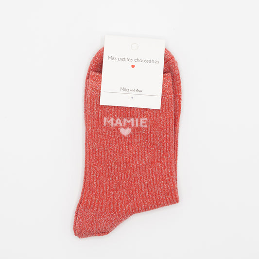 Koraal hippe sokken met opschrift MAMIE