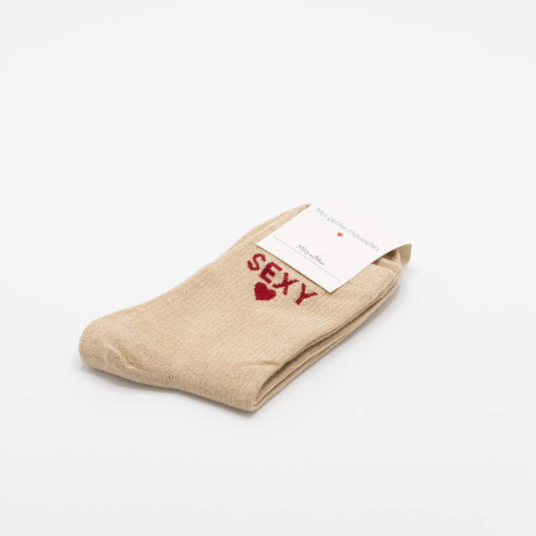 Beige hippe sokken met opschrift SEXY