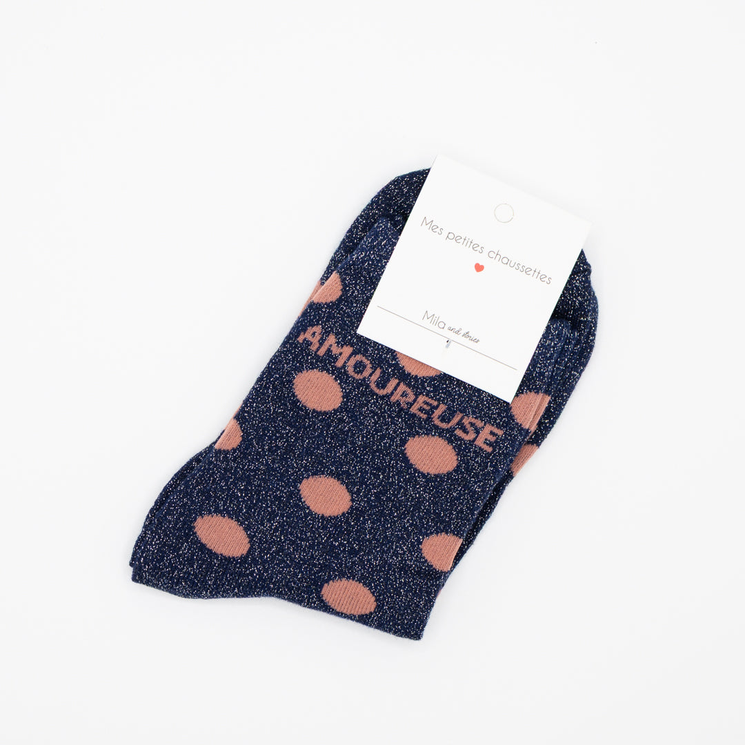 Blauwe, hippe sokken met opschrift AMOUREUSE