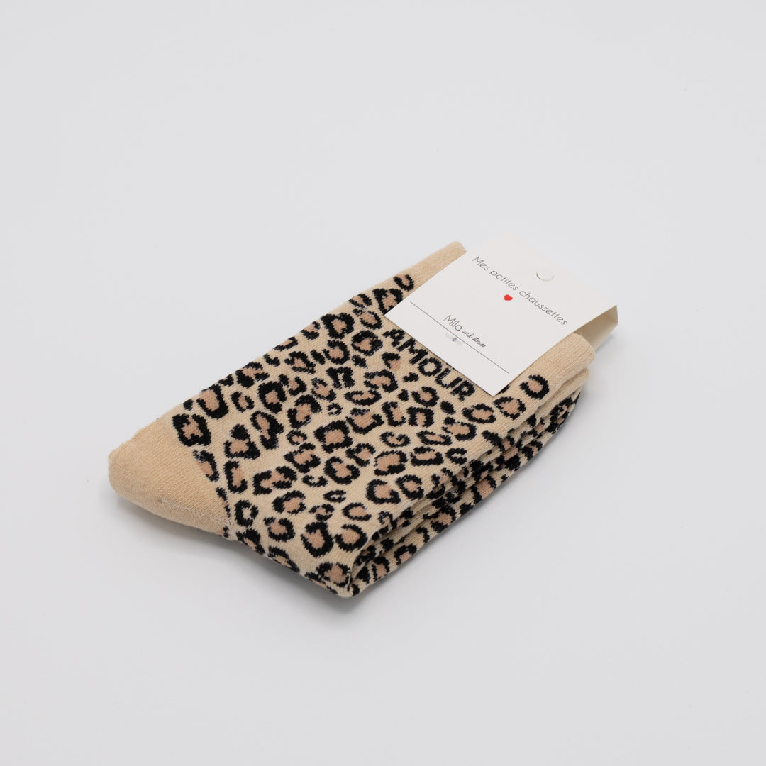 Beige/ecru tijgersokken met opschrift AMOUR