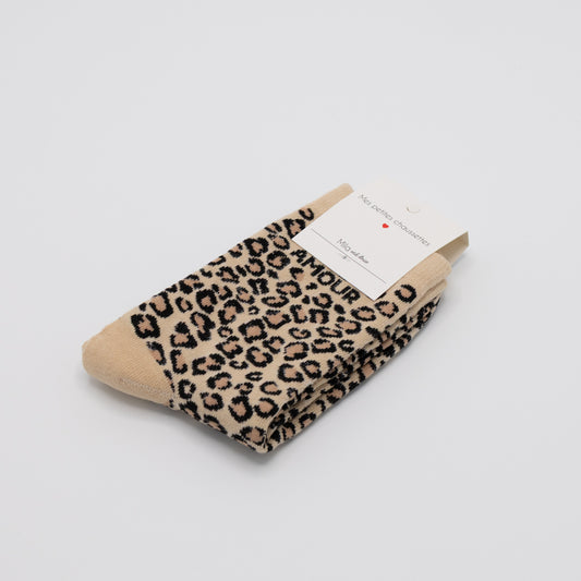 Beige/ecru tijgersokken met opschrift AMOUR