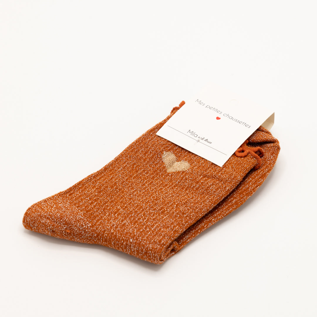 Oranje/camel, hippe sokken met gouden hartje