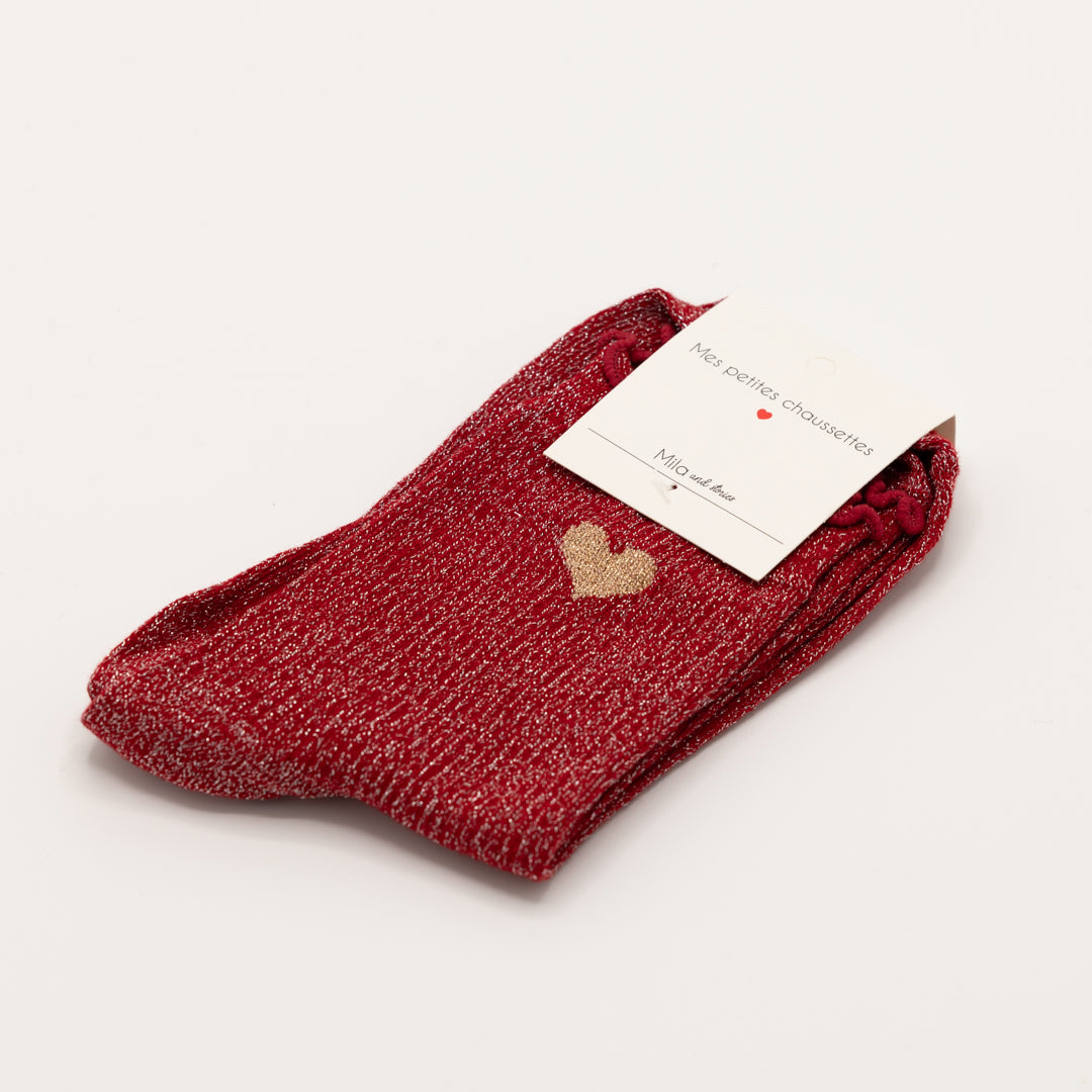 Rood/bordeaux, hippe sokken met gouden hartje