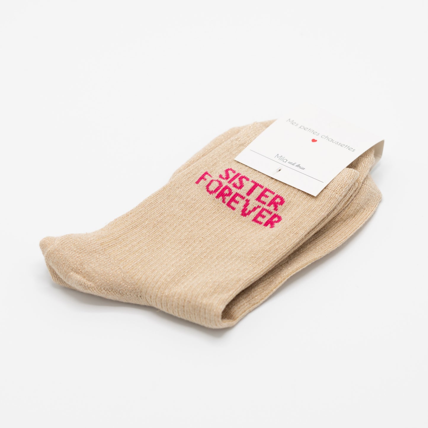 Beige, hippe sokken met opschrift SISTER FOREVER