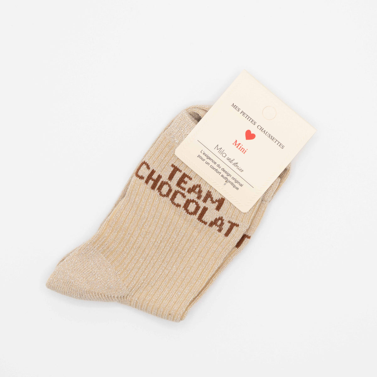 Beige, hippe kindersokken met opschrift TEAM CHOCOLAT, maat 27-30