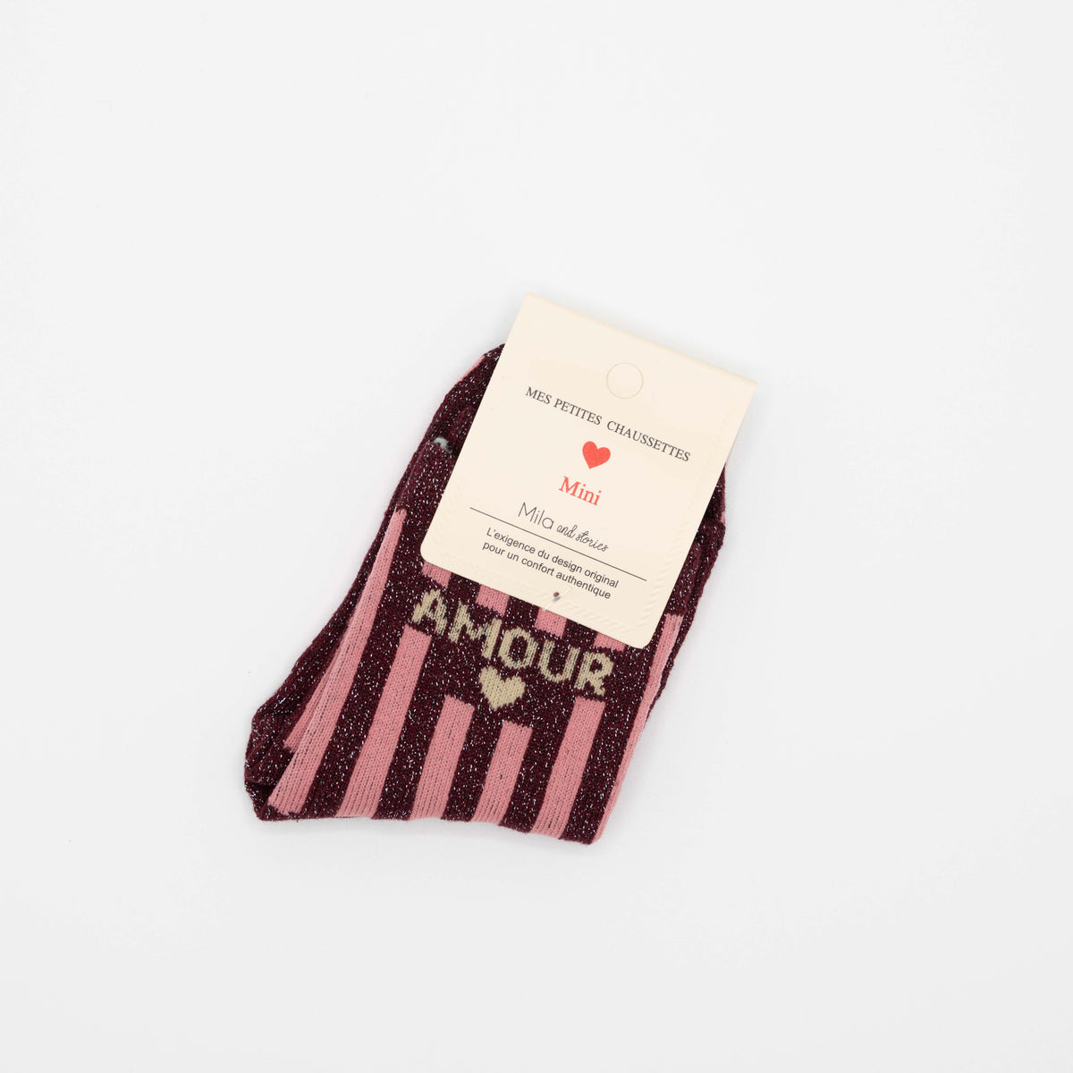 Burgundy, hippe kindersokken met opschrift AMOUR, maat 23-26