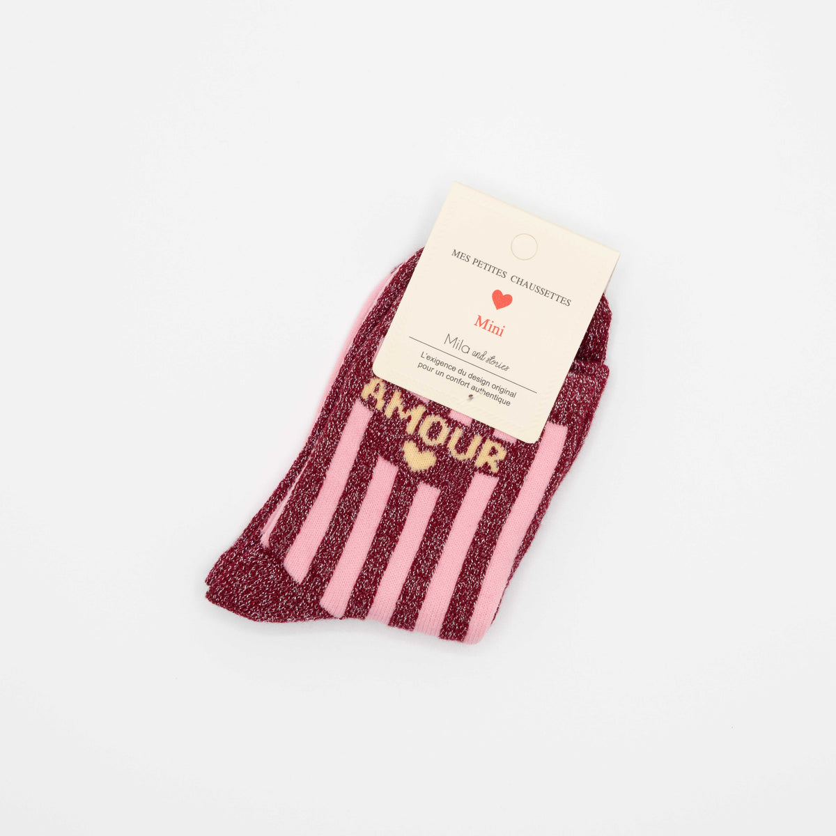 Rode/roze hippe kindersokken met opschrift AMOUR, maat 27-30