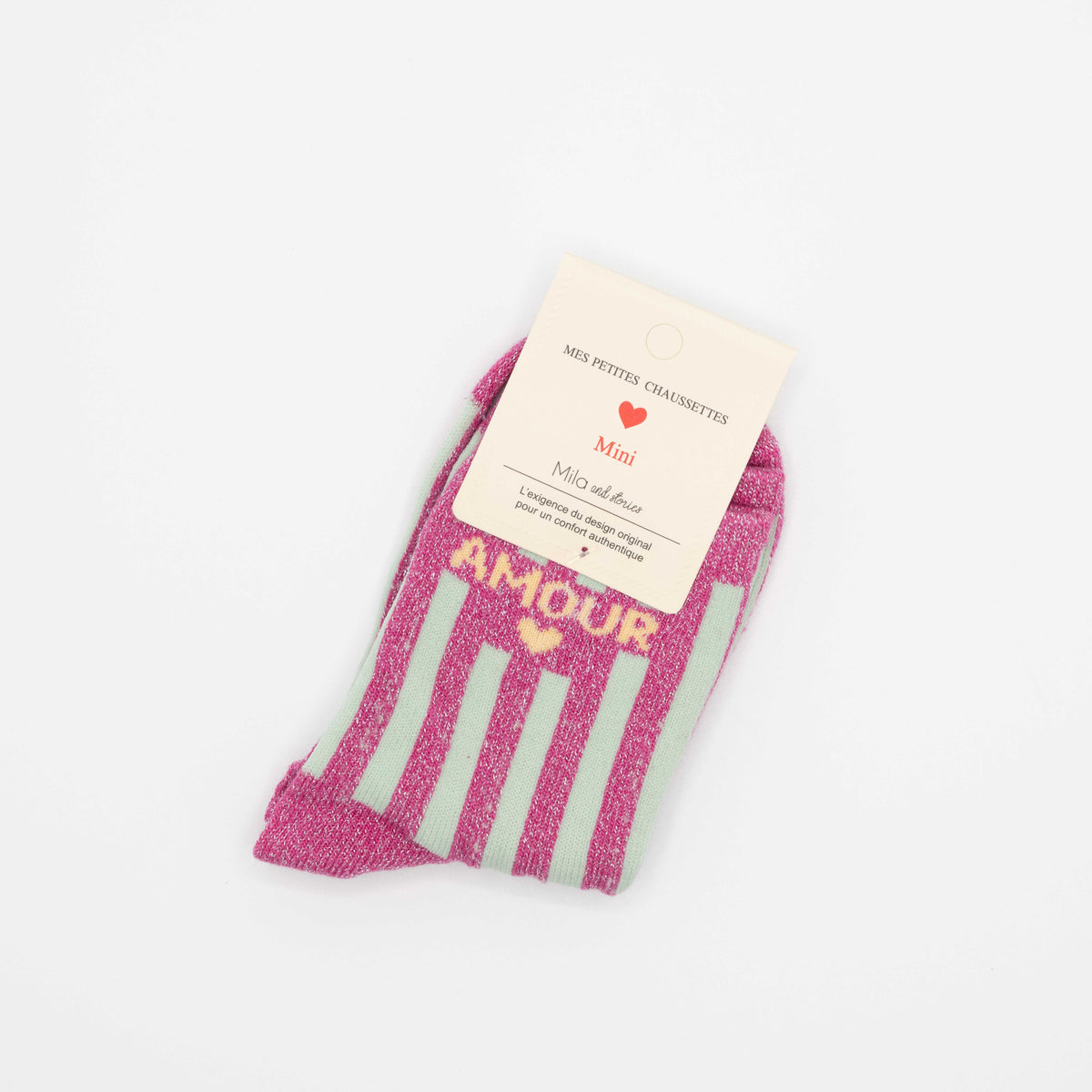 Roze/appelblauwzeegroene, hippe kindersokken met opschrift AMOUR, maat 27-30