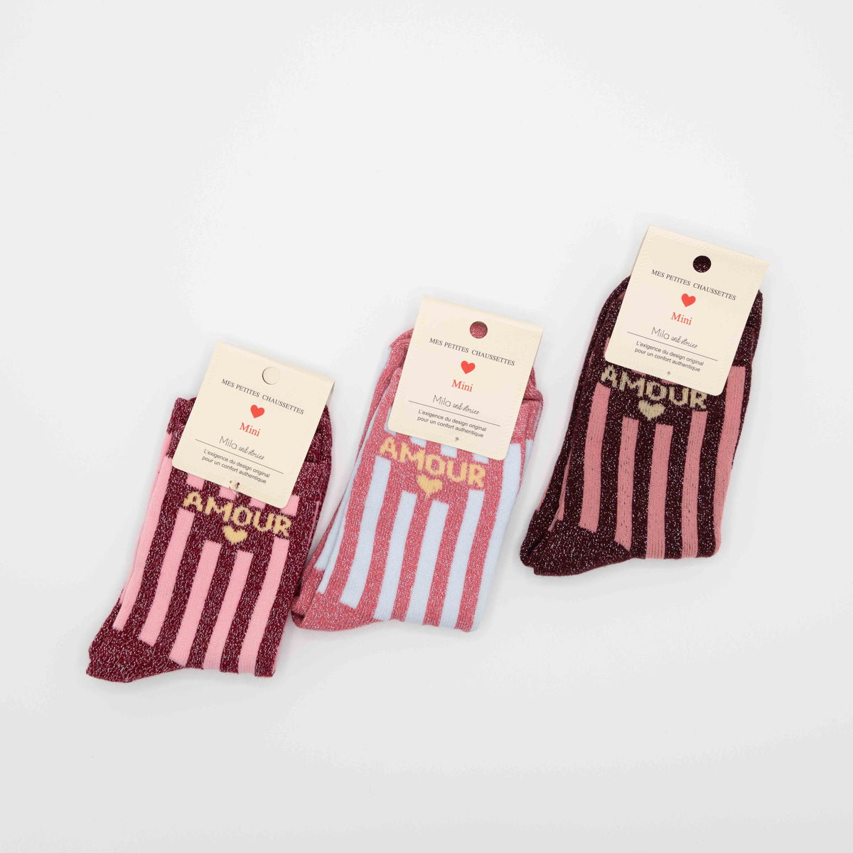 Rode/roze hippe kindersokken met opschrift AMOUR, maat 27-30