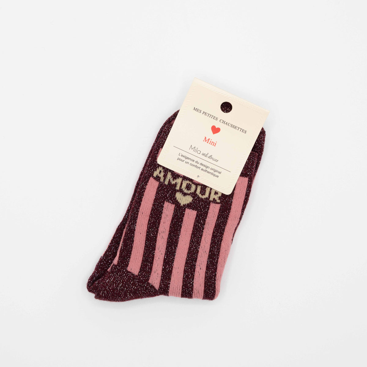 Burgundy, hippe kindersokken met opschrift AMOUR, maat 31-34