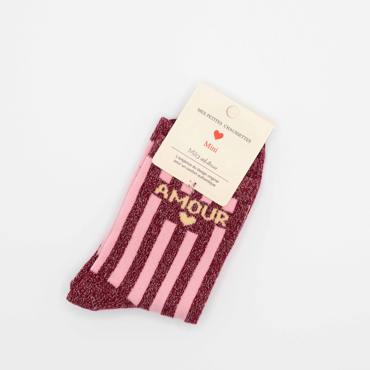 Rode/roze hippe kindersokken, met het opschrift AMOUR, maat 31-34