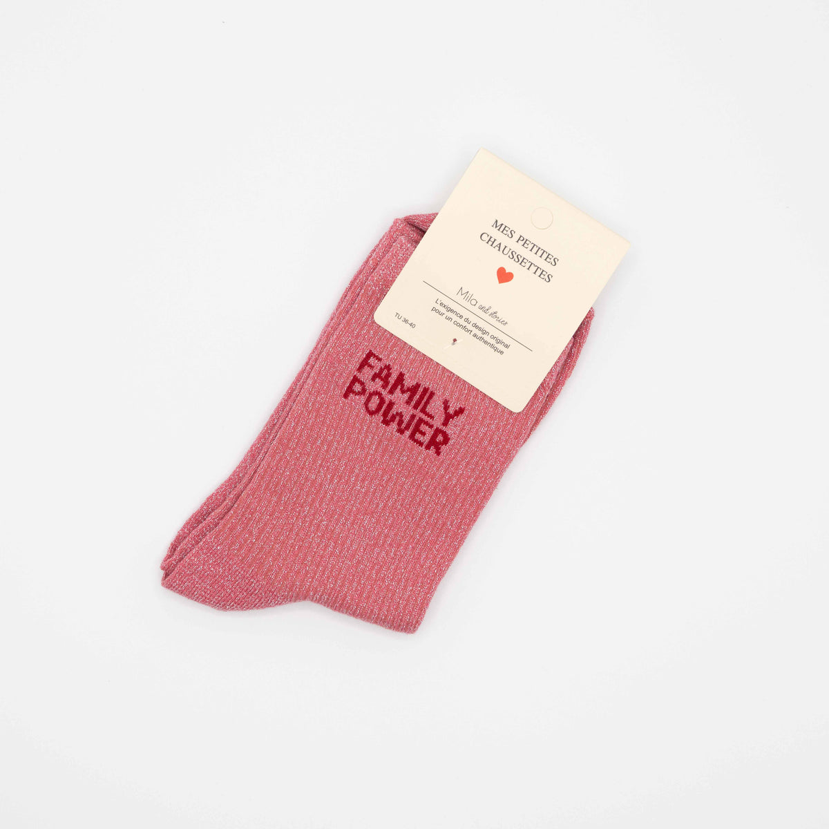 Roze, hippe sokken met opschrift FAMILY POWER