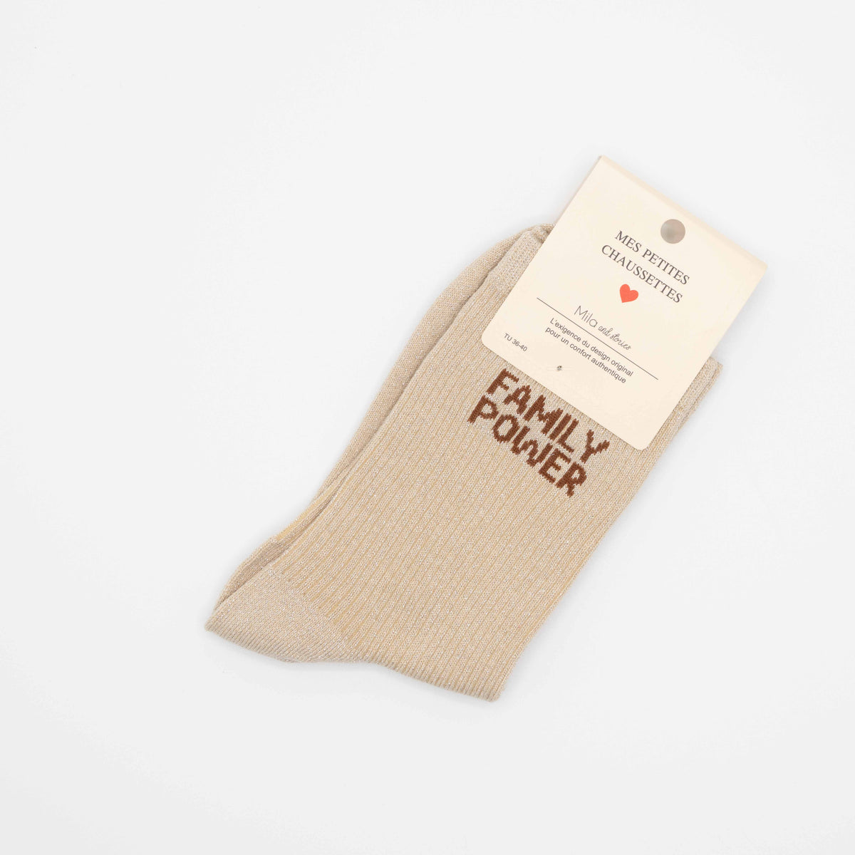Beige, hippe sokken met opschrift FAMILY POWER