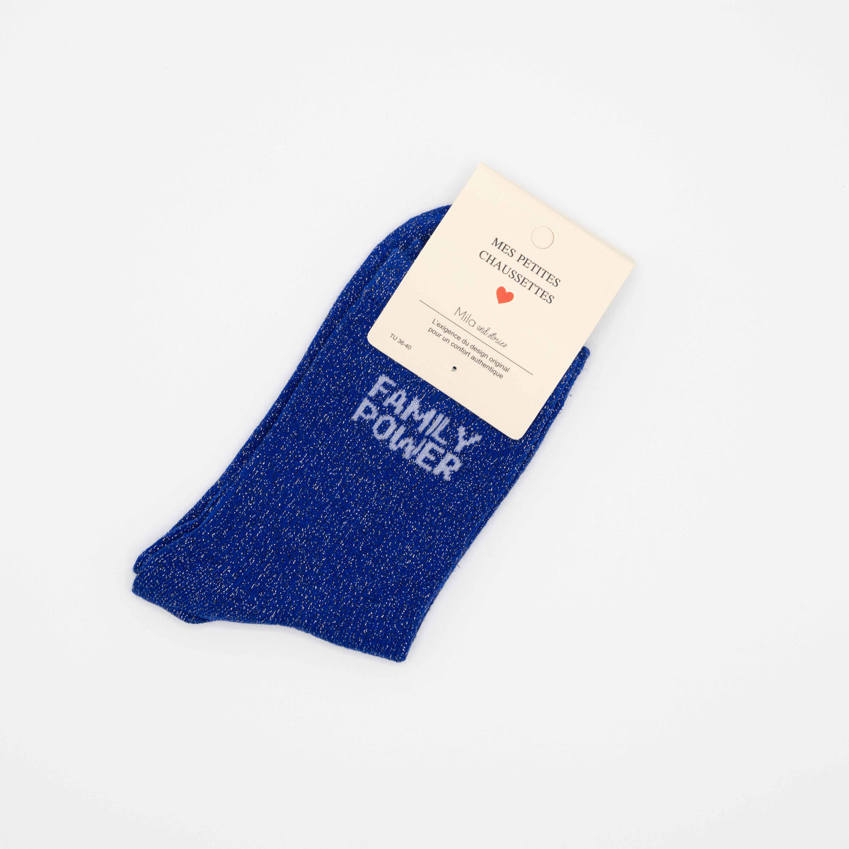 Blauwe, hippe sokken met opschrift FAMILY POWER