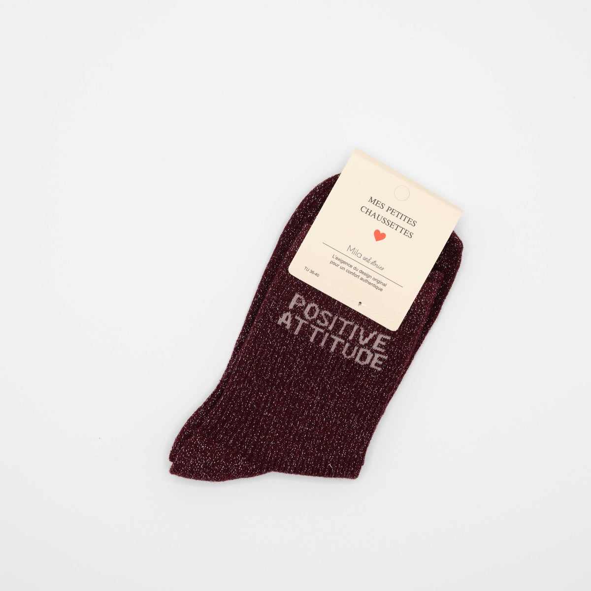 Burgundy, hippe sokken met opschrift POSITIVE ATTITUDE