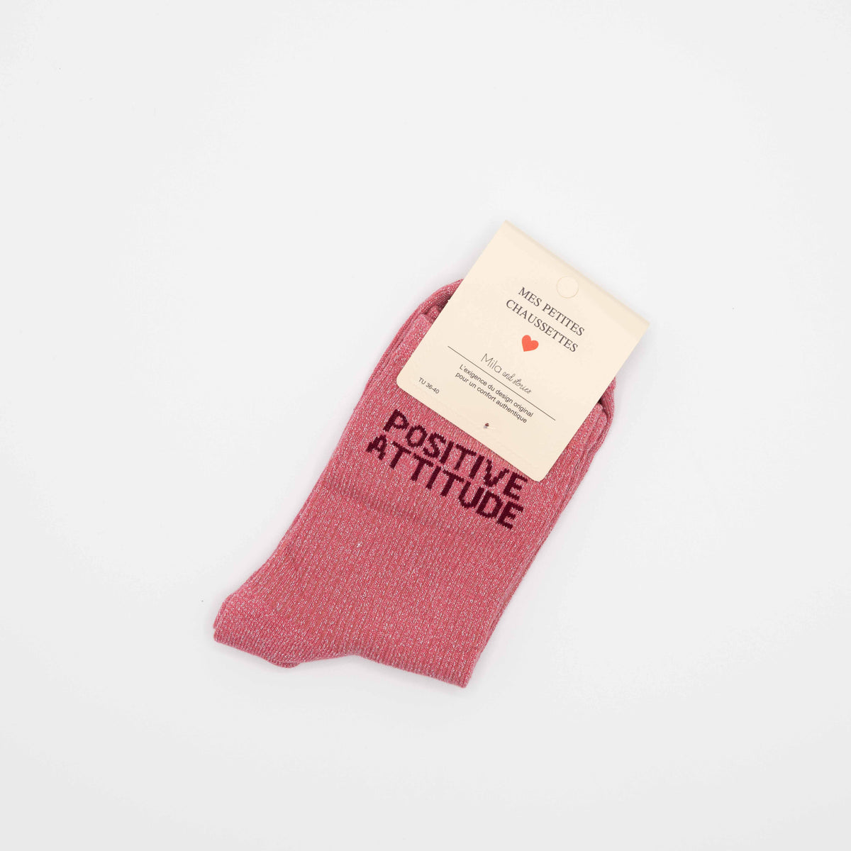 Roze, hippe sokken met opschrift POSITIVE ATTITUDE