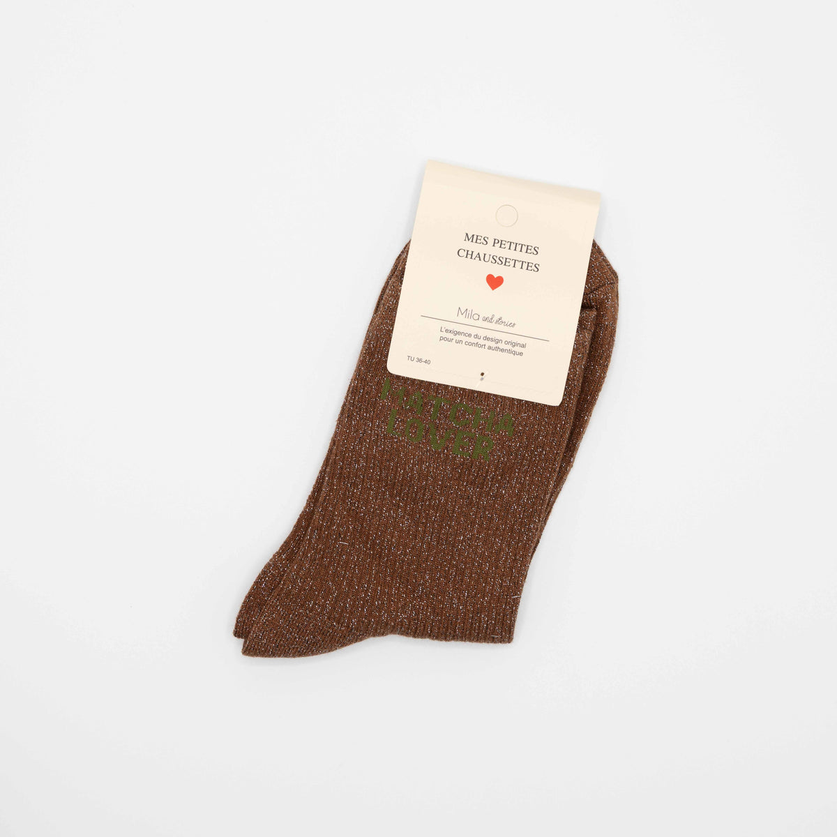 Bruine, hippe sokken met opschrift MATCHA LOVER