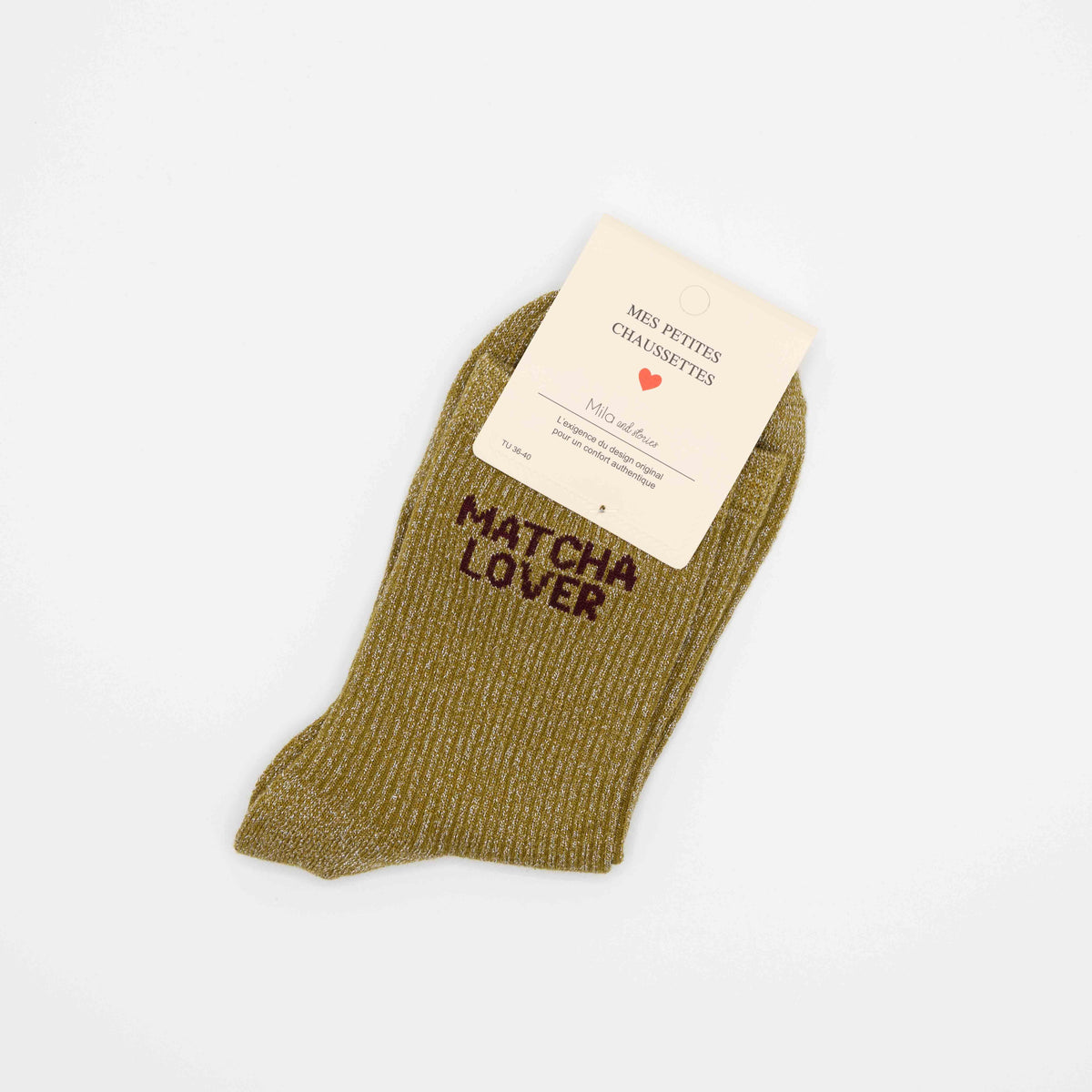 Lichtgroene, hippe sokken met opschrift MATCHA LOVER
